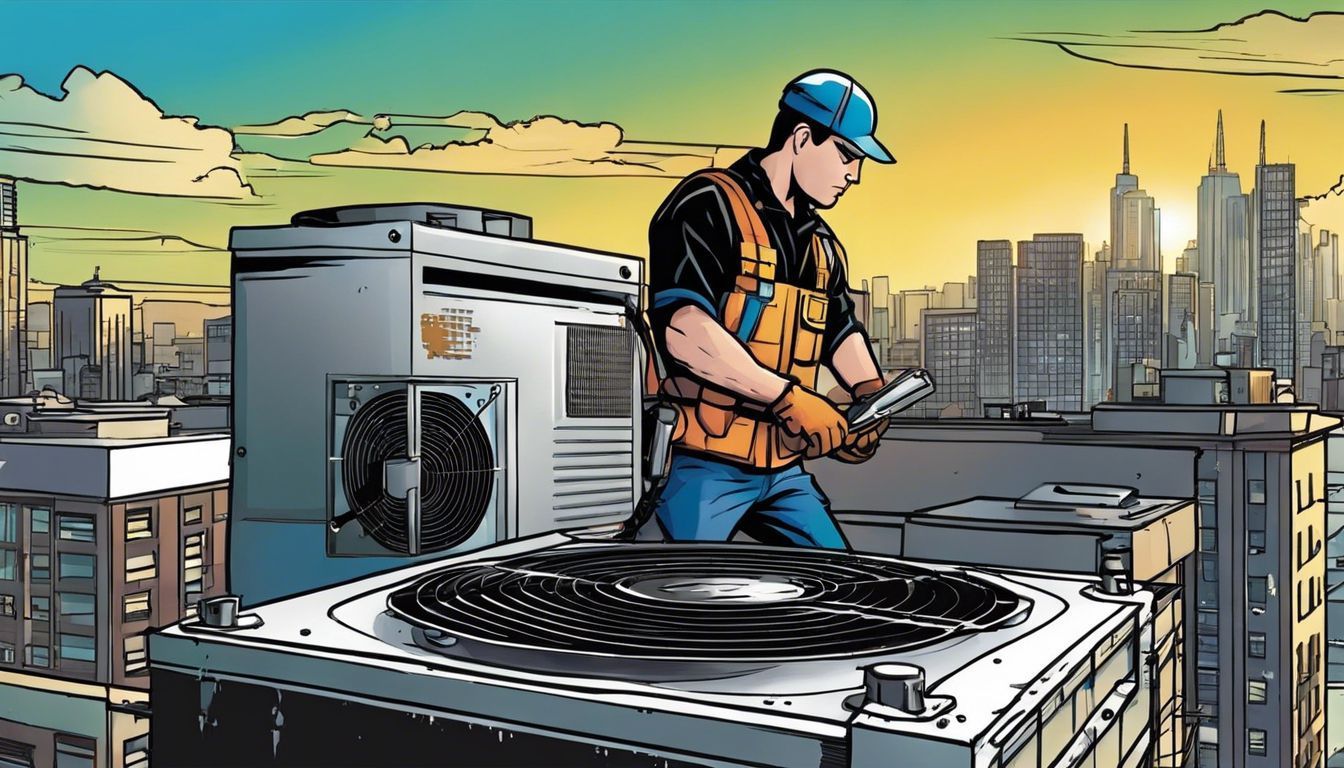 a man is working on an air conditioner on top of a building .