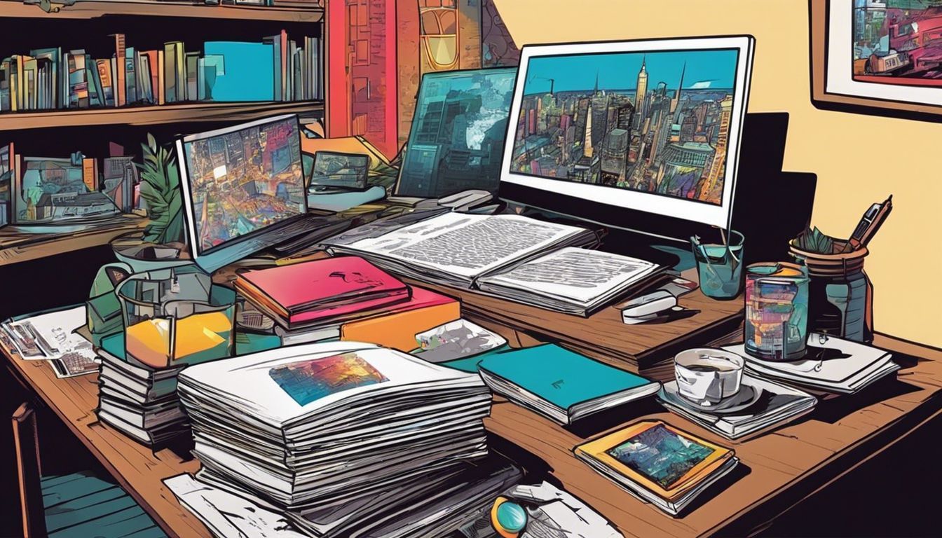 a cartoon drawing of a desk with a computer and books on it