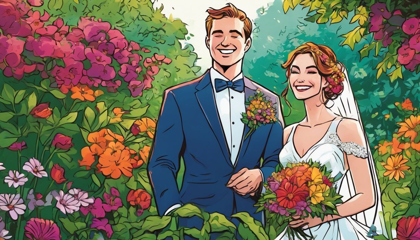 A joyful bride and groom laughing in a beautiful garden setting, surrounded by colorful flowers.