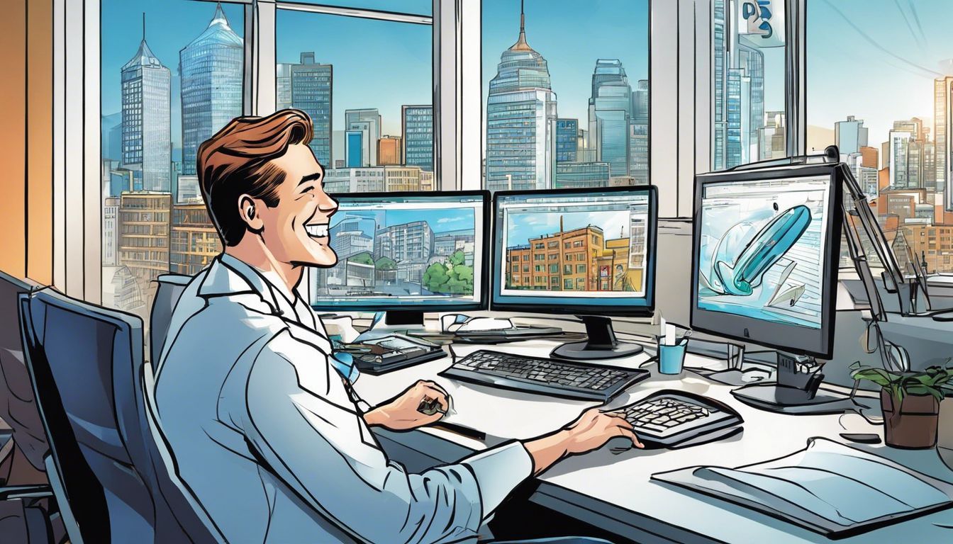 A man is sitting at a desk in front of two computer monitors.