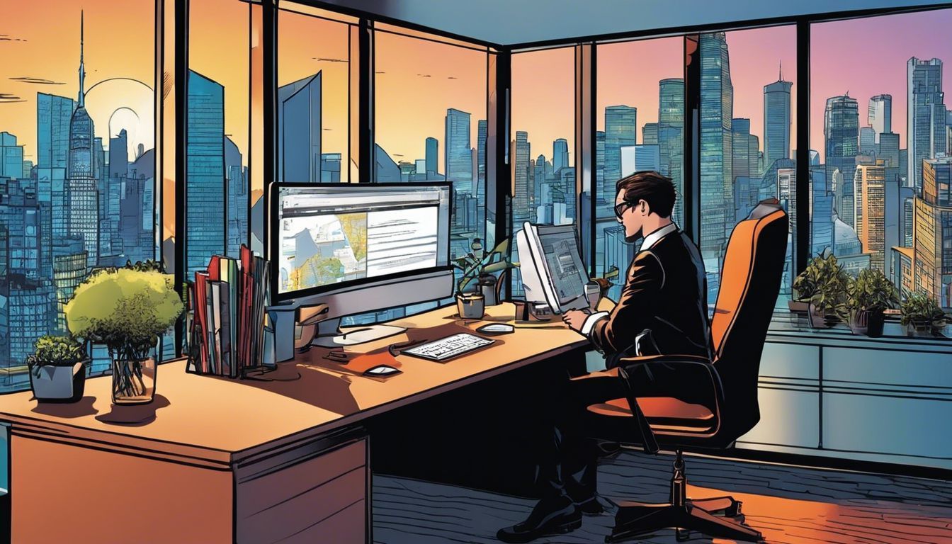 A business owner updates online business listings in a modern office overlooking a bustling cityscape.