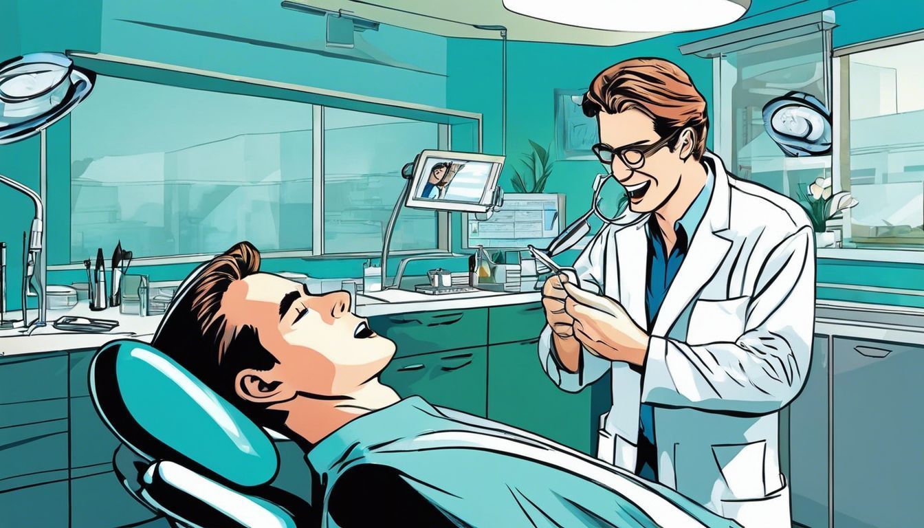 A cartoon of a dentist examining a patient 's teeth in a dental office.