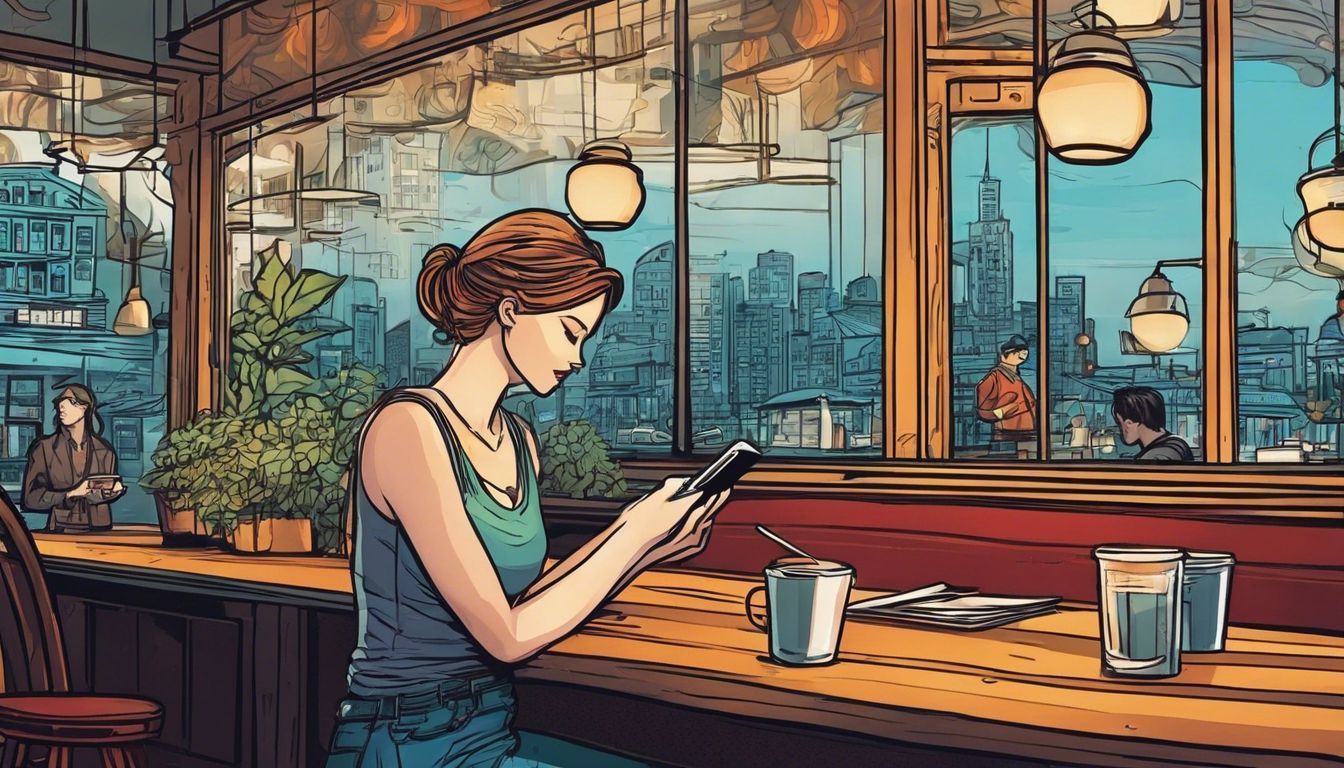 A person using a smartphone in a busy coffee shop with a cityscape visible through the window.