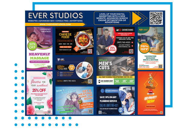 A collage of advertisements for ever studios on a white background.