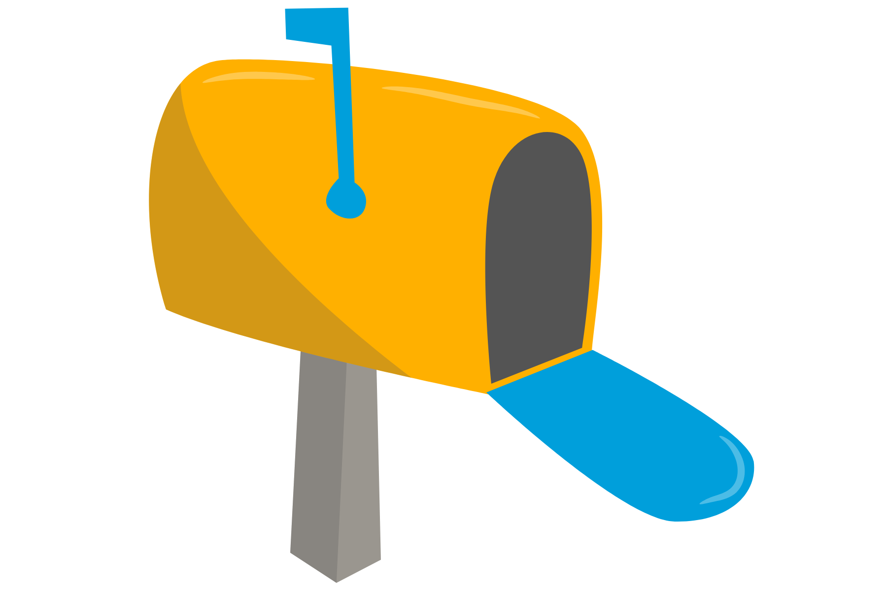 A yellow mailbox with a blue handle on a white background.