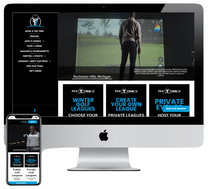 A computer screen shows a man holding a golf club on a golf course