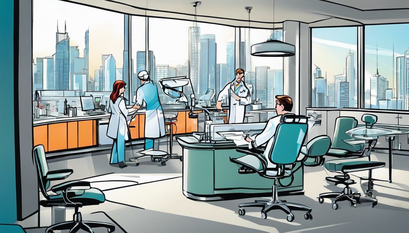 A cartoon drawing of a dental office with a city skyline in the background.