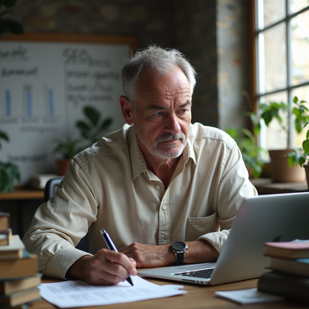 Man working on a laptop, writing notes in a room with plants.