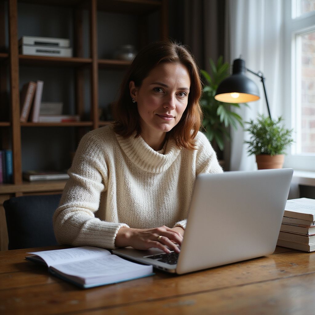 A woman is sitting at a desk using a laptop computer.