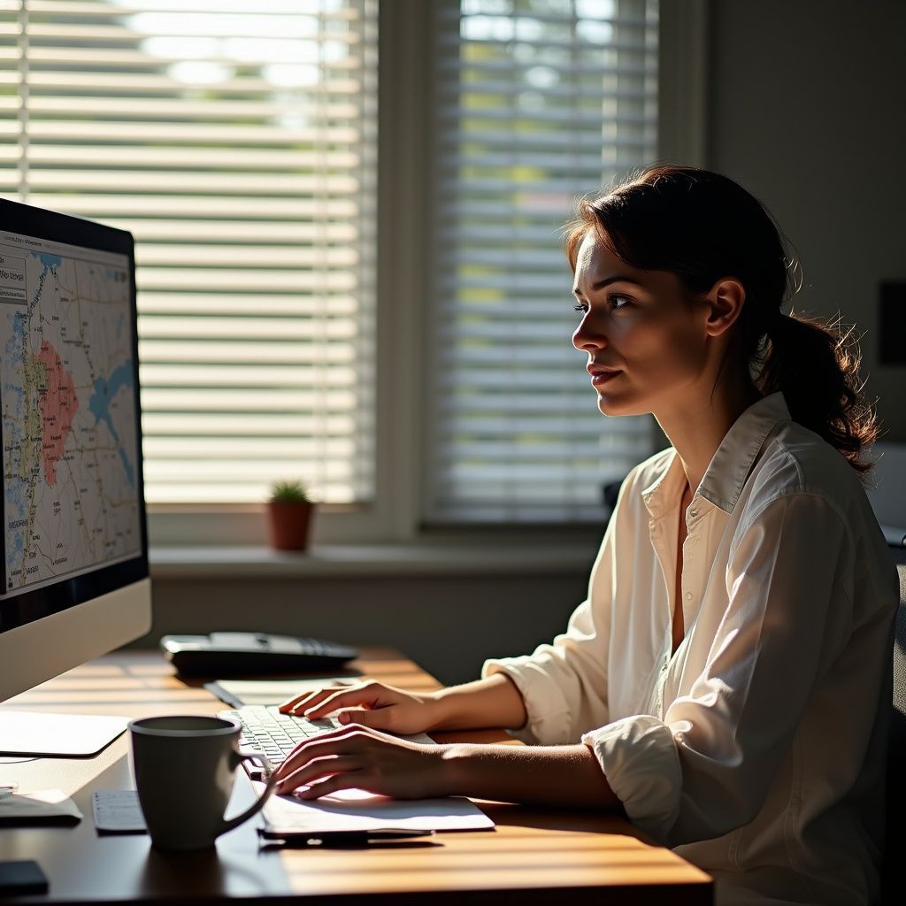 Woman at a desk using a computer.  She types and looks at the screen, likely working. Window in background.