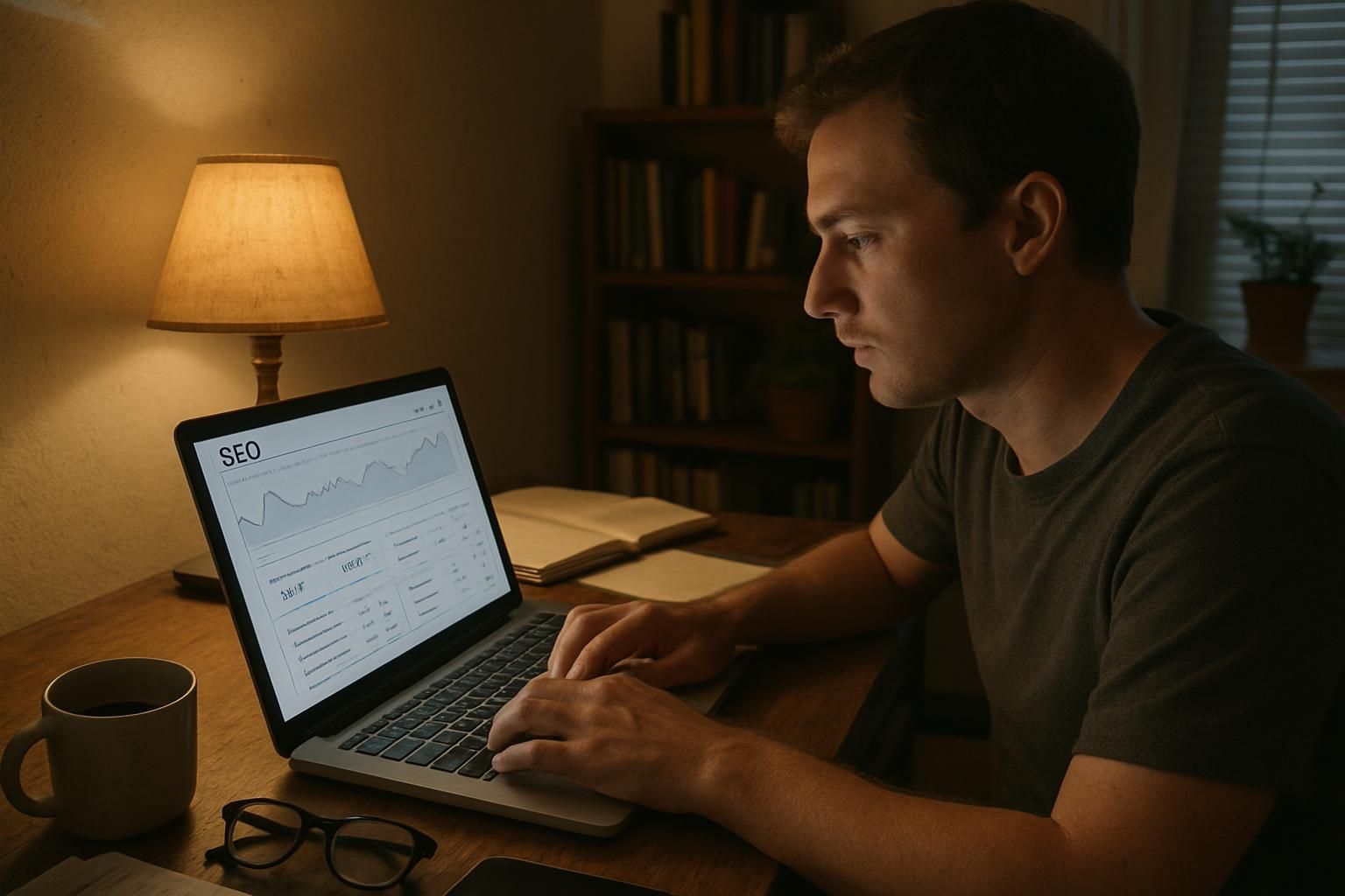 Man working on a laptop at a desk, looking at the screen. Dimly lit room with a lamp and books.