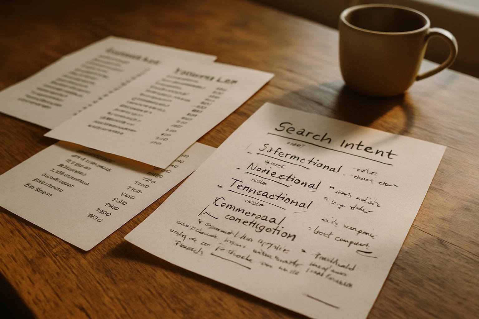 Papers with handwritten notes on a wooden table, next to a mug. Notes on search intent and listings.