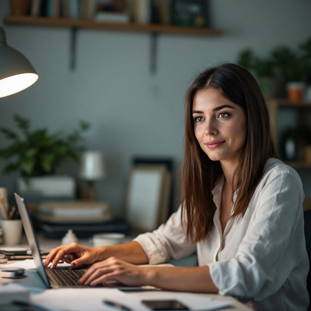 A woman is sitting at a desk using a laptop computer.