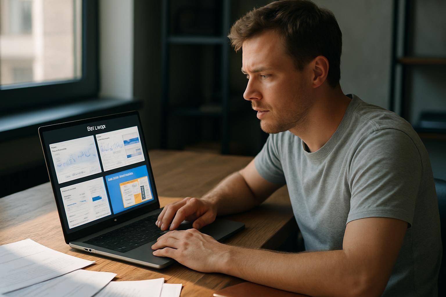 Man working on a laptop, examining data visualizations at a desk.