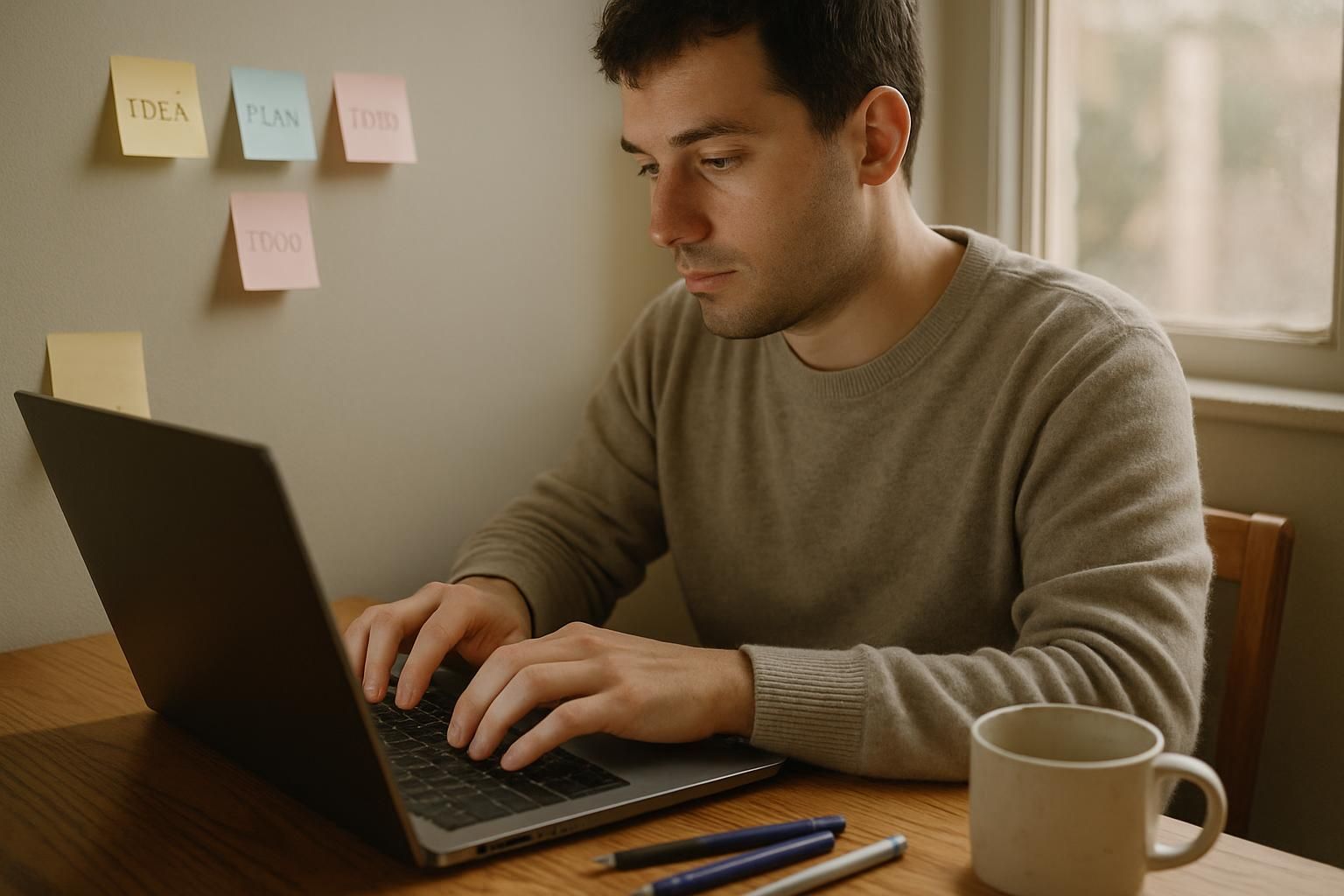 Man typing on a laptop at a desk with sticky notes and a mug.