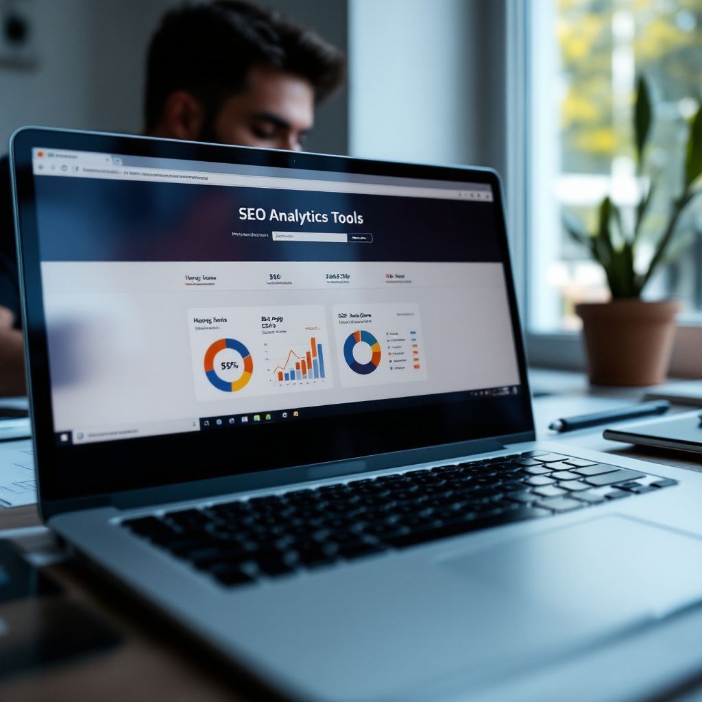 A man is working on a laptop with seo analytics tools on the screen
