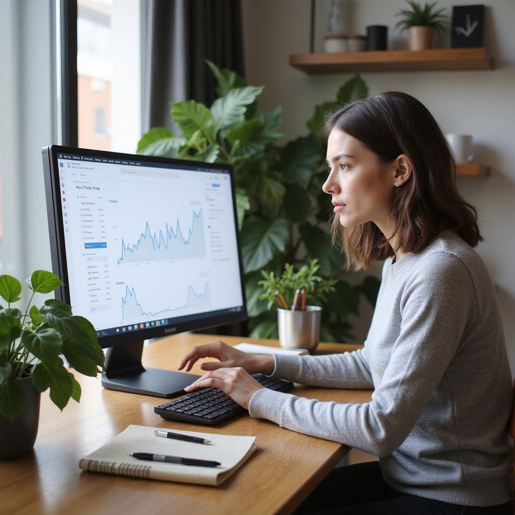 A person in a gray sweater sits at a wooden desk, focused on a computer screen displaying data charts in a plant-filled room.