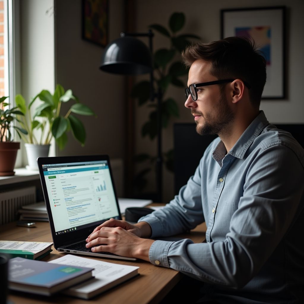 A man is sitting at a desk using a laptop computer.