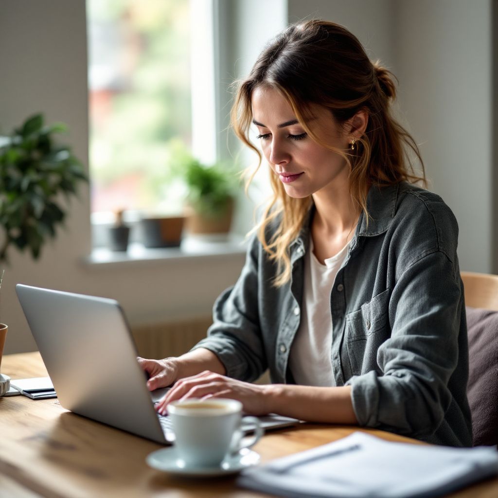 A woman is sitting at a table using a laptop computer.