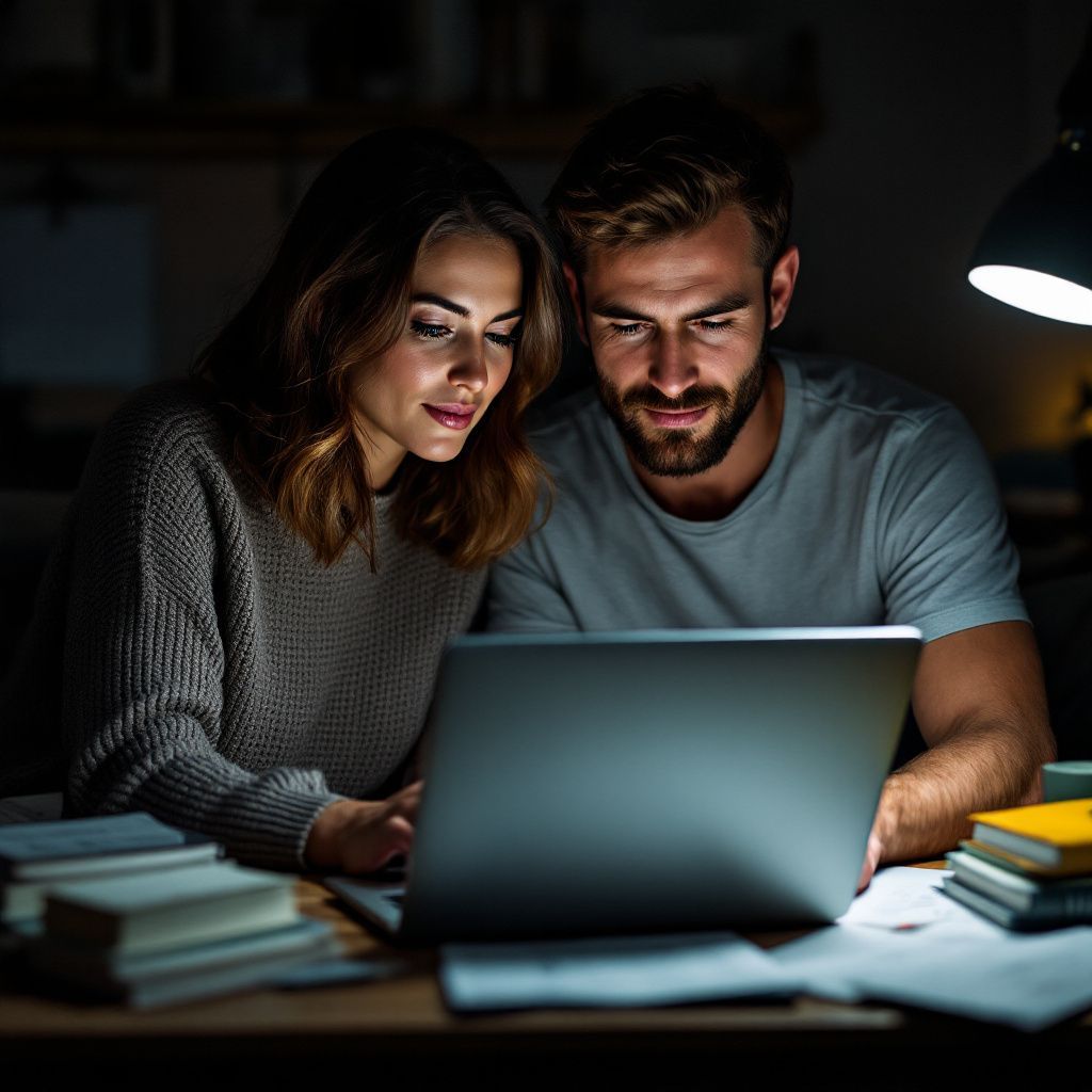 A man and a woman are looking at a laptop computer at night.