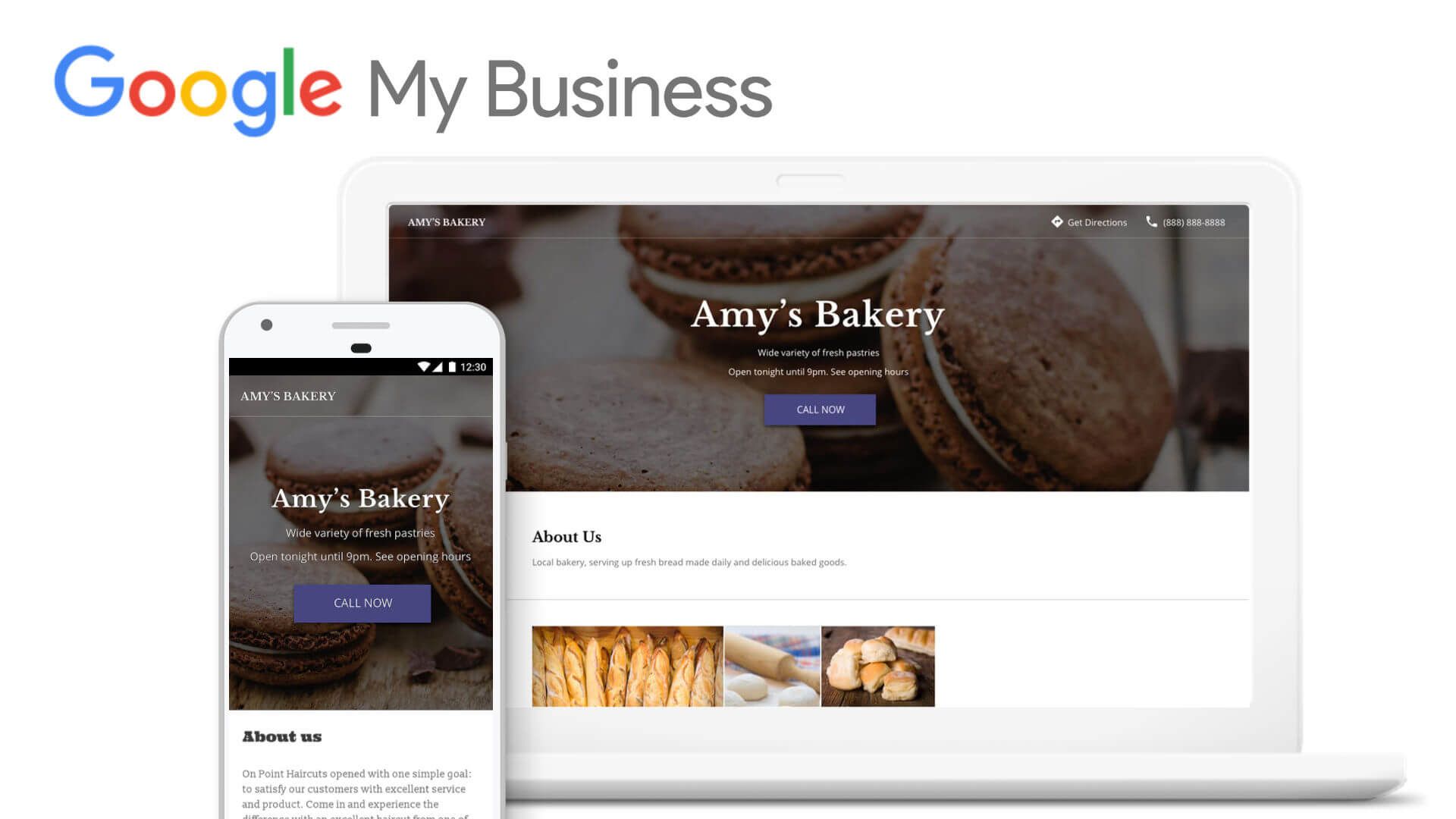 a laptop and a cell phone are displaying a google my business page for amy 's bakery .