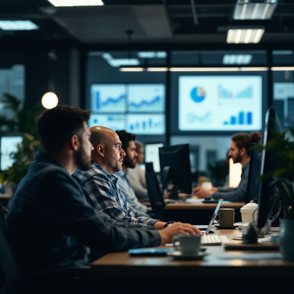 A group of men are sitting at desks in front of computers in an office.