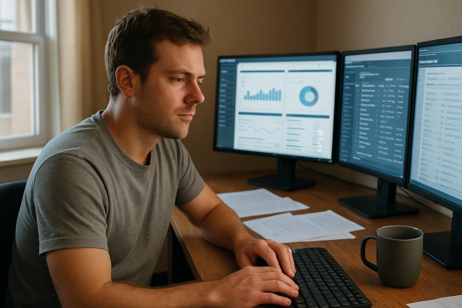 Man at desk with three computer monitors, analyzing data, with a mug nearby.