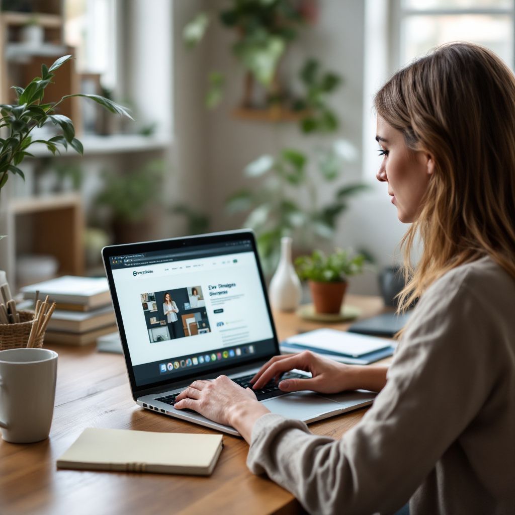 A woman is sitting at a desk using a laptop computer.