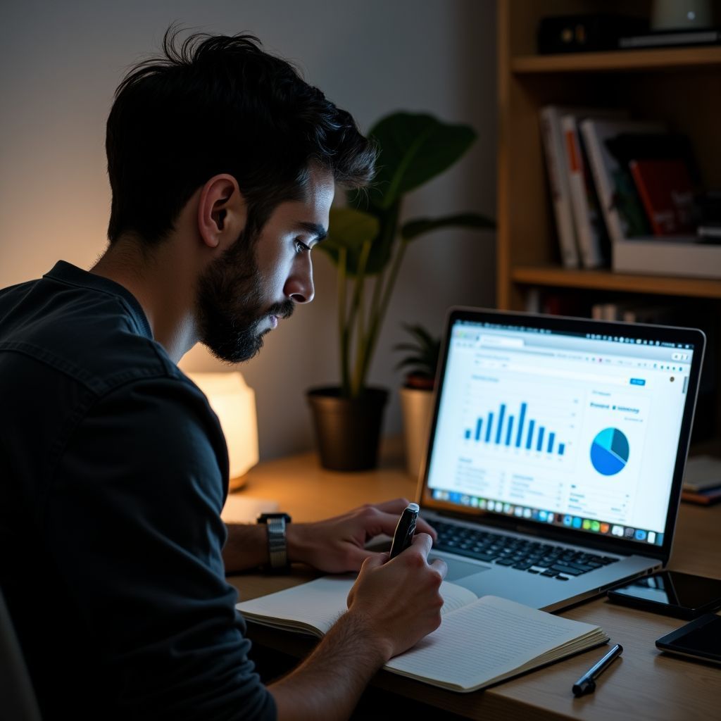 A small business owner works on SEO strategies in cluttered home office.