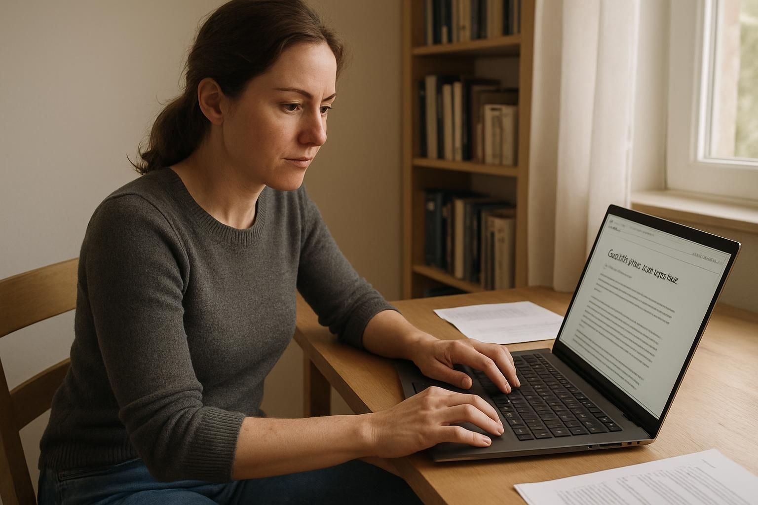 Woman typing on laptop at wooden desk, documents nearby, bookshelf in background.