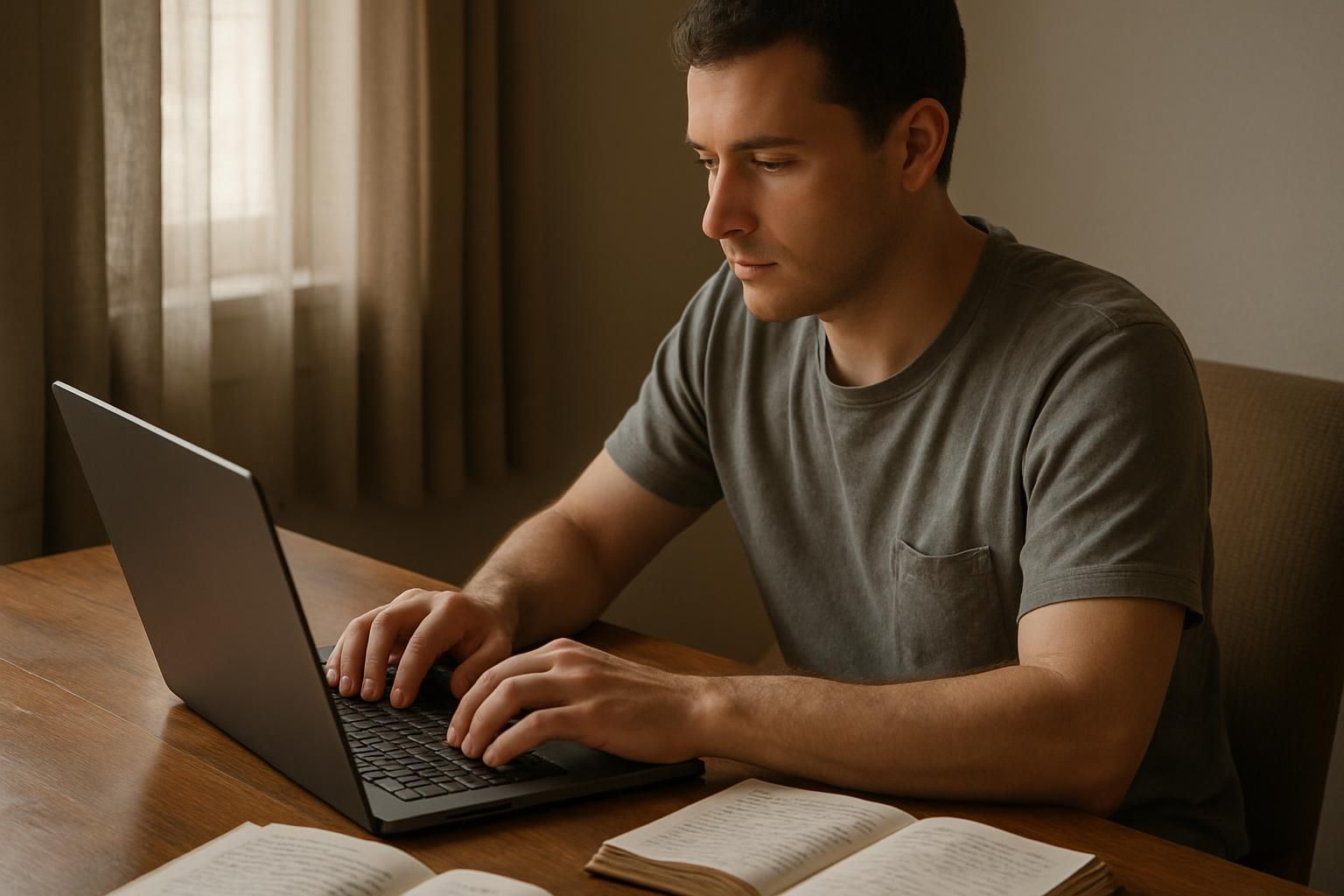 Man using a laptop at a table, with open books in front of him.