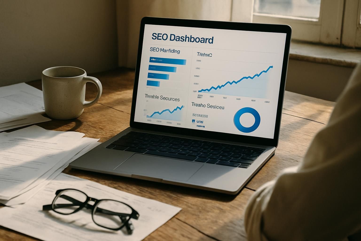 Laptop displaying SEO dashboard with graphs, beside a coffee cup, glasses, and papers on a wooden table.