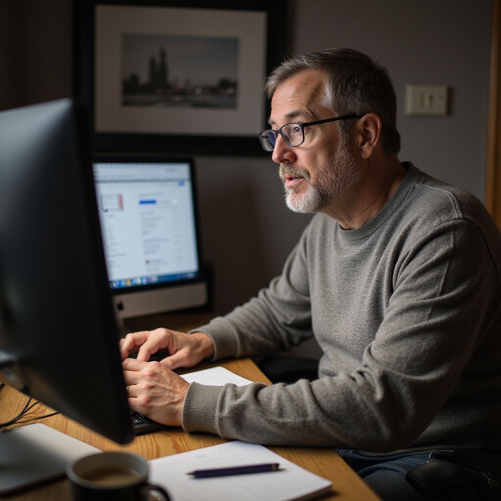 Mature man with glasses at a computer, typing. He has a gray beard, in a dim room, with coffee and papers.