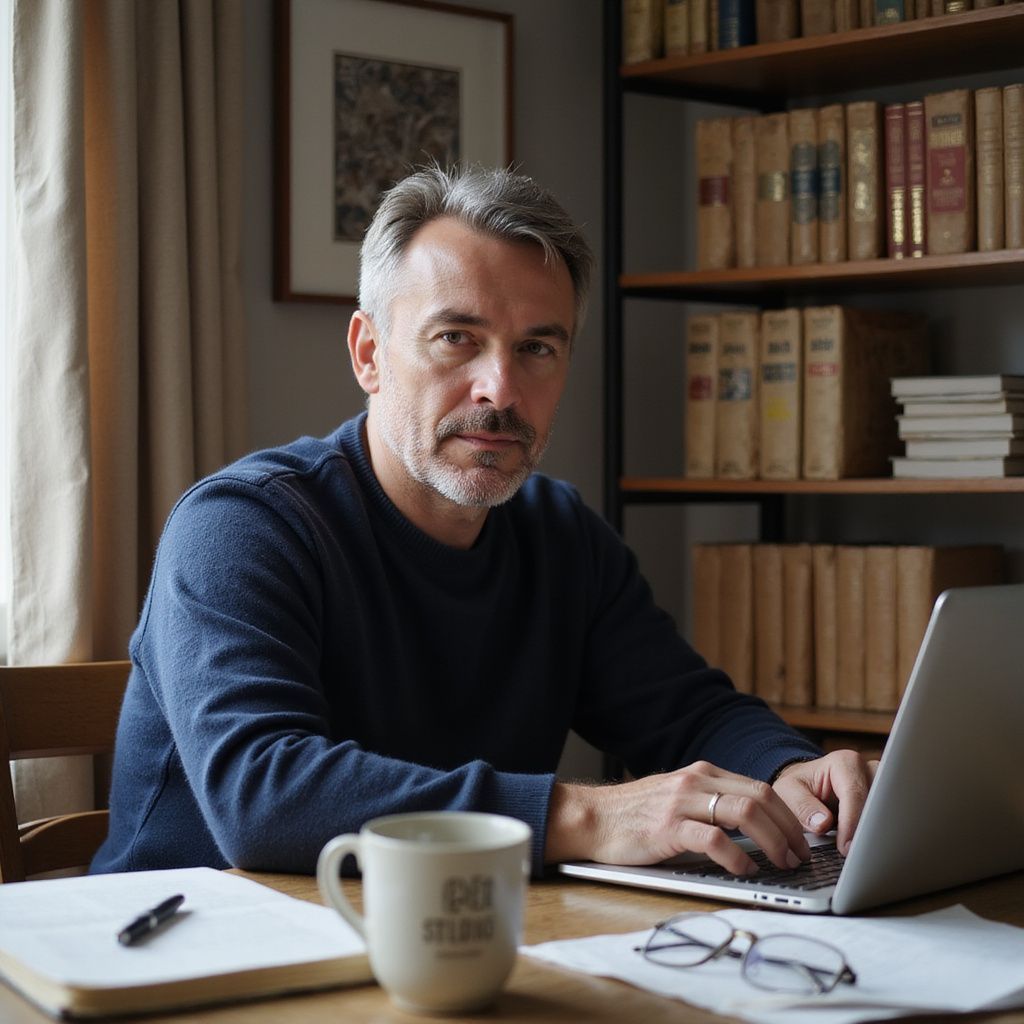 A man is sitting at a desk using a laptop computer