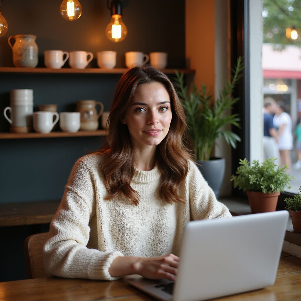 Woman at a laptop in a cafe, smiling. She wears a cream sweater. Coffee mugs and plants visible.