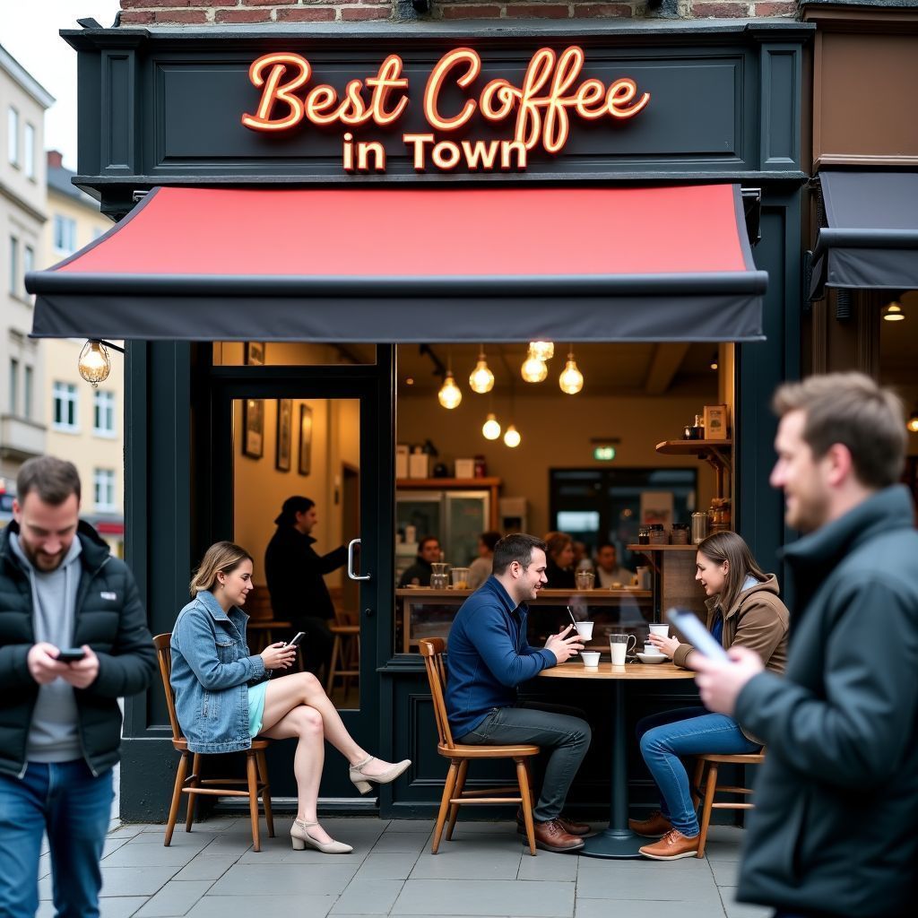 A group of people sitting outside of a coffee shop called best coffee in town