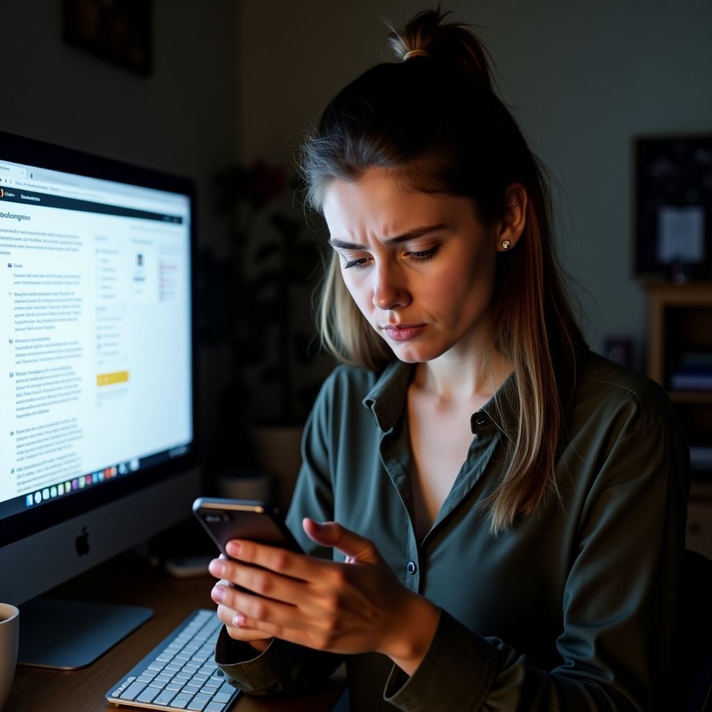 A woman is sitting at a desk looking at her cell phone.