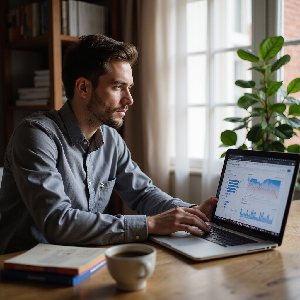 A man is sitting at a table using a laptop computer.
