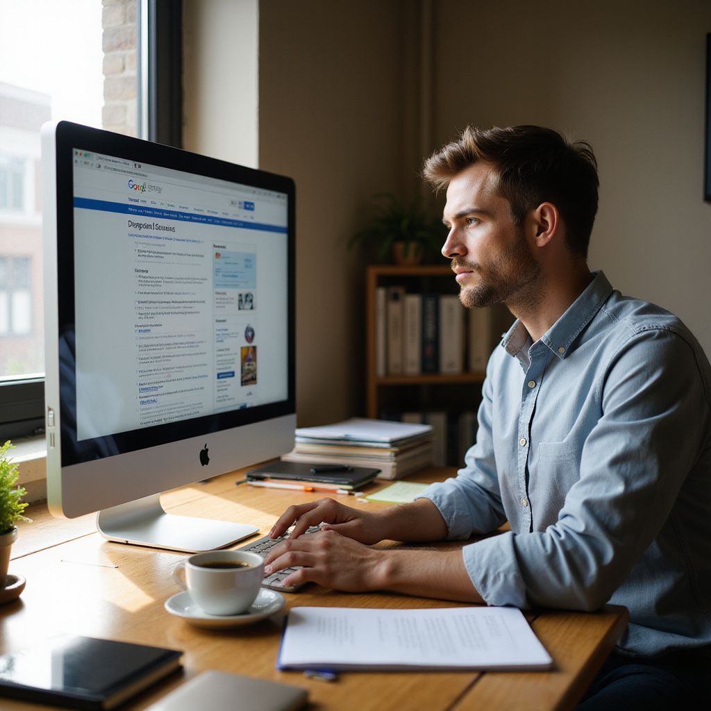 Man working on a computer at a desk near a window with a coffee cup.