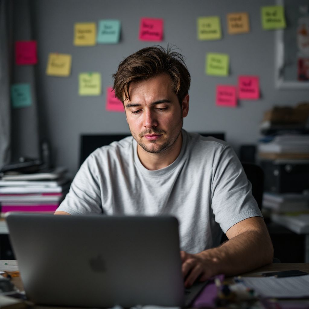Man working on laptop, gray shirt, post-it notes on wall.