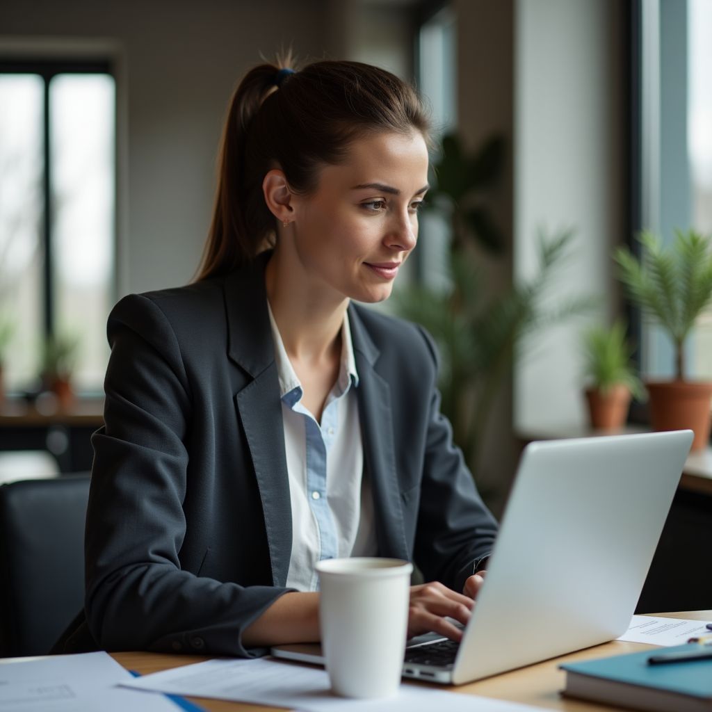 Woman in a blazer working on laptop at a desk, smiling, with a coffee cup.