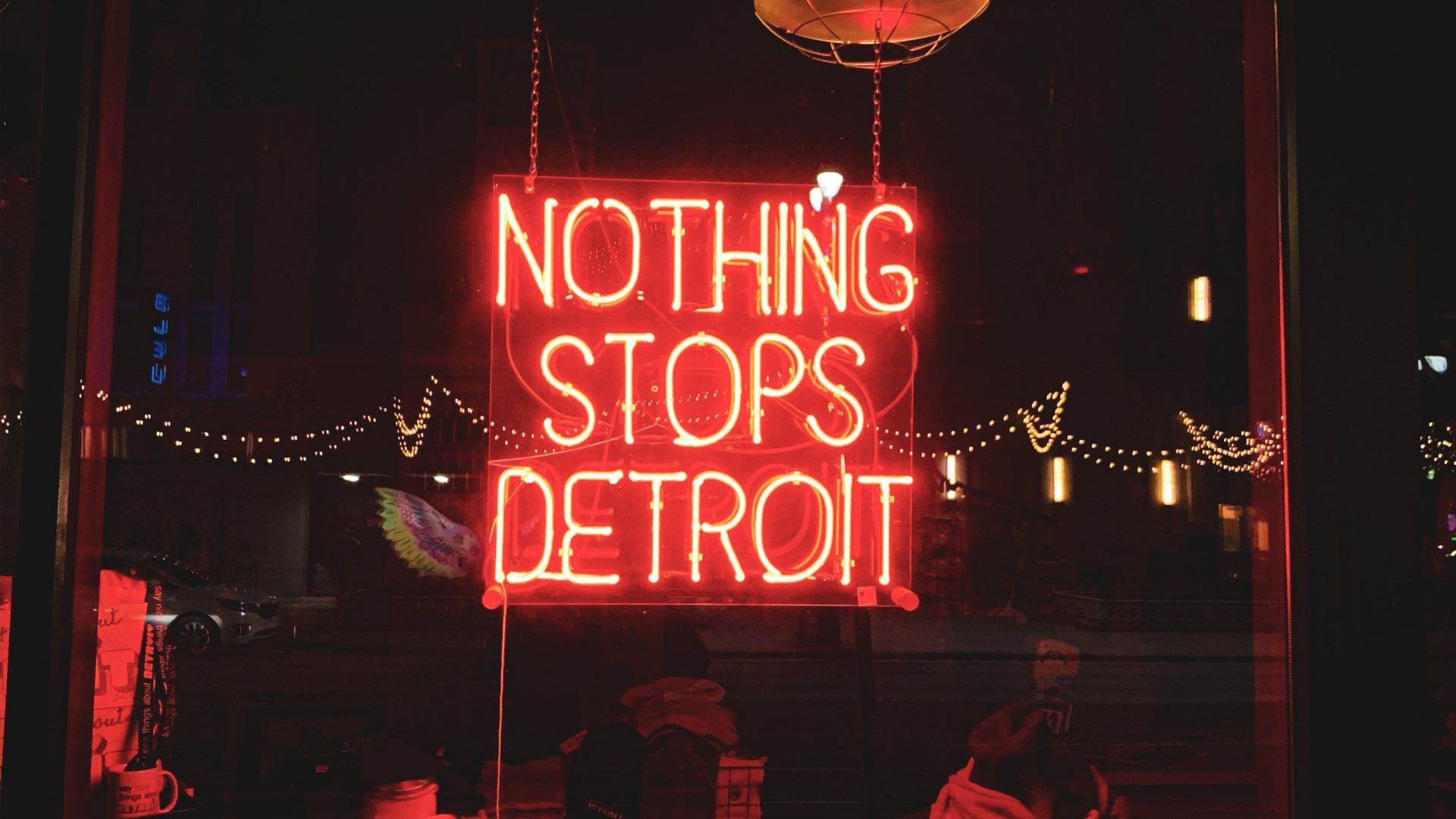 A neon sign that says nothing stops detroit