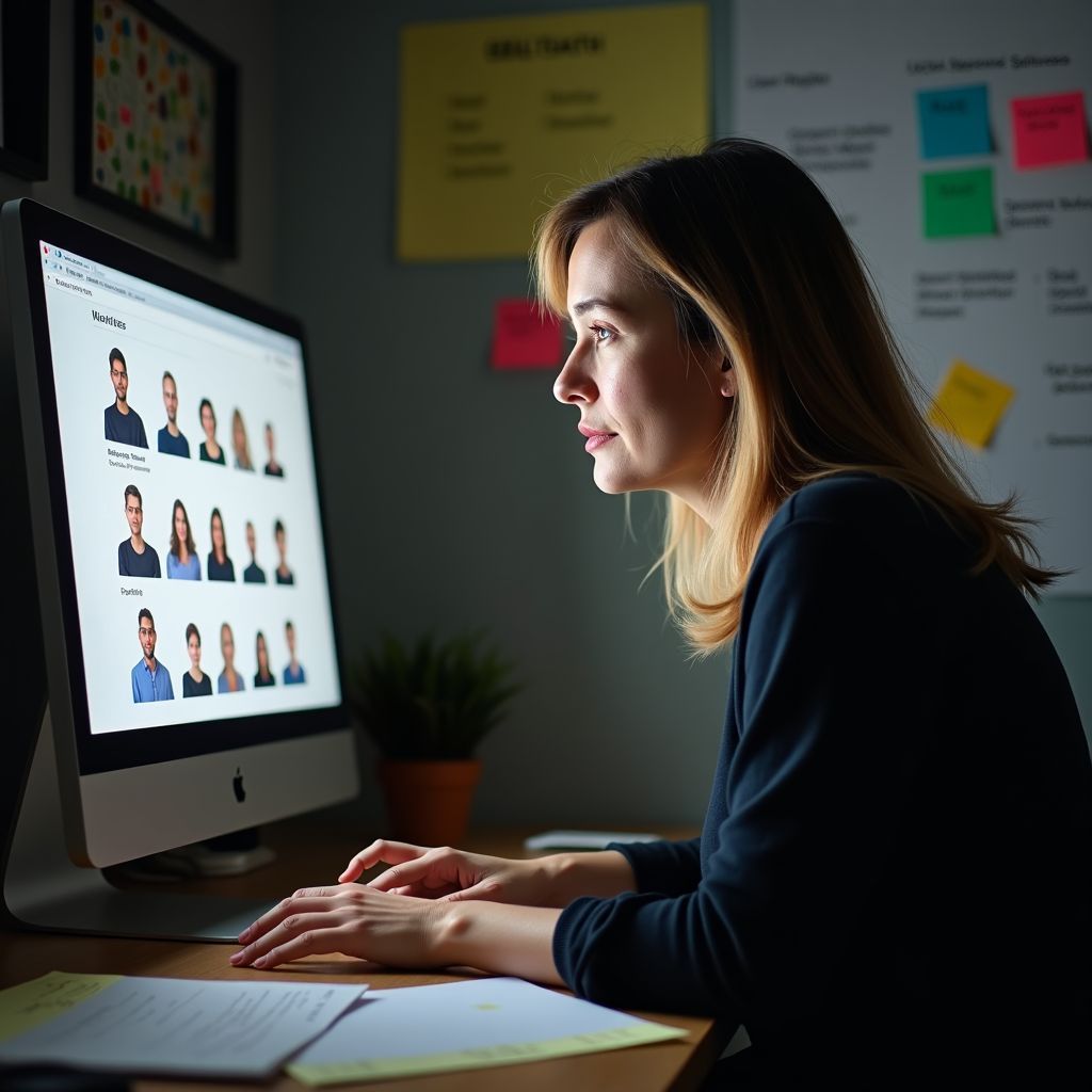 A woman is sitting at a desk looking at a computer screen