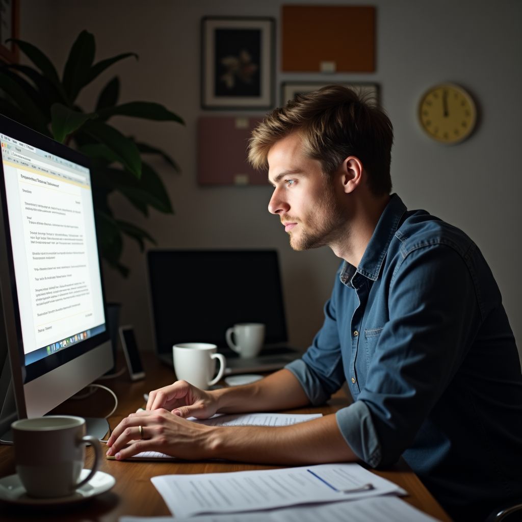 A man is sitting at a desk looking at a computer screen