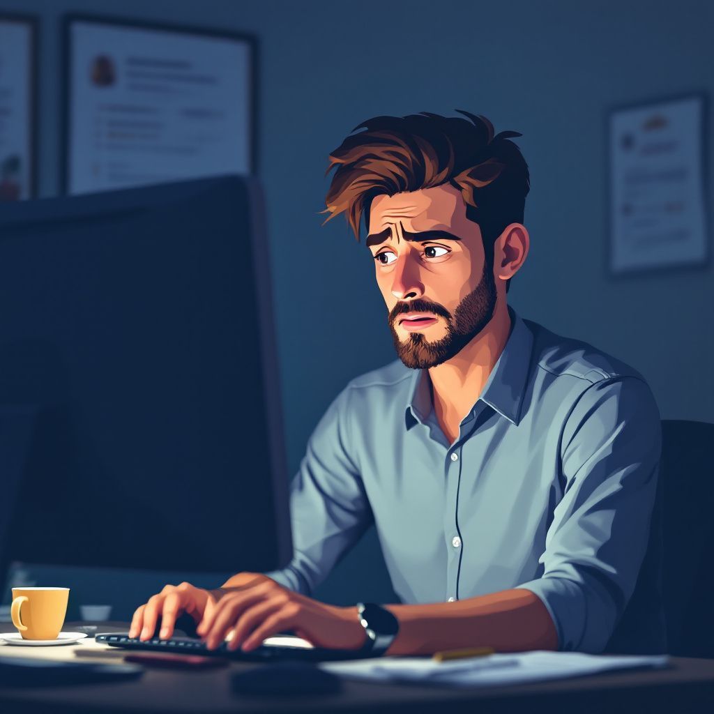 A man with a beard is sitting at a desk using a computer.