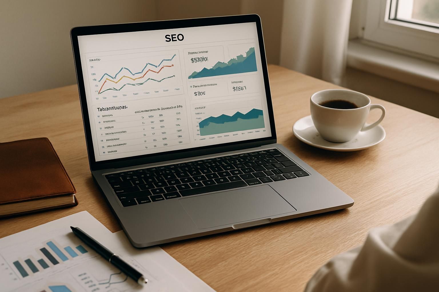 Laptop displaying data analysis charts on a wooden desk with a coffee cup and documents.