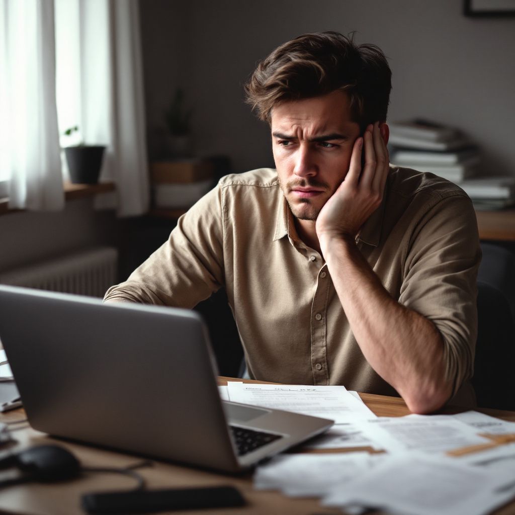 A man is sitting at a desk looking at a laptop computer.