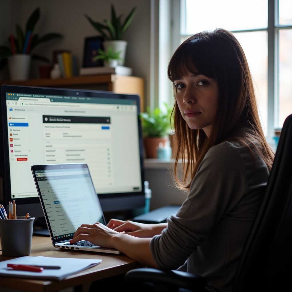 A woman is sitting at a desk using a laptop computer