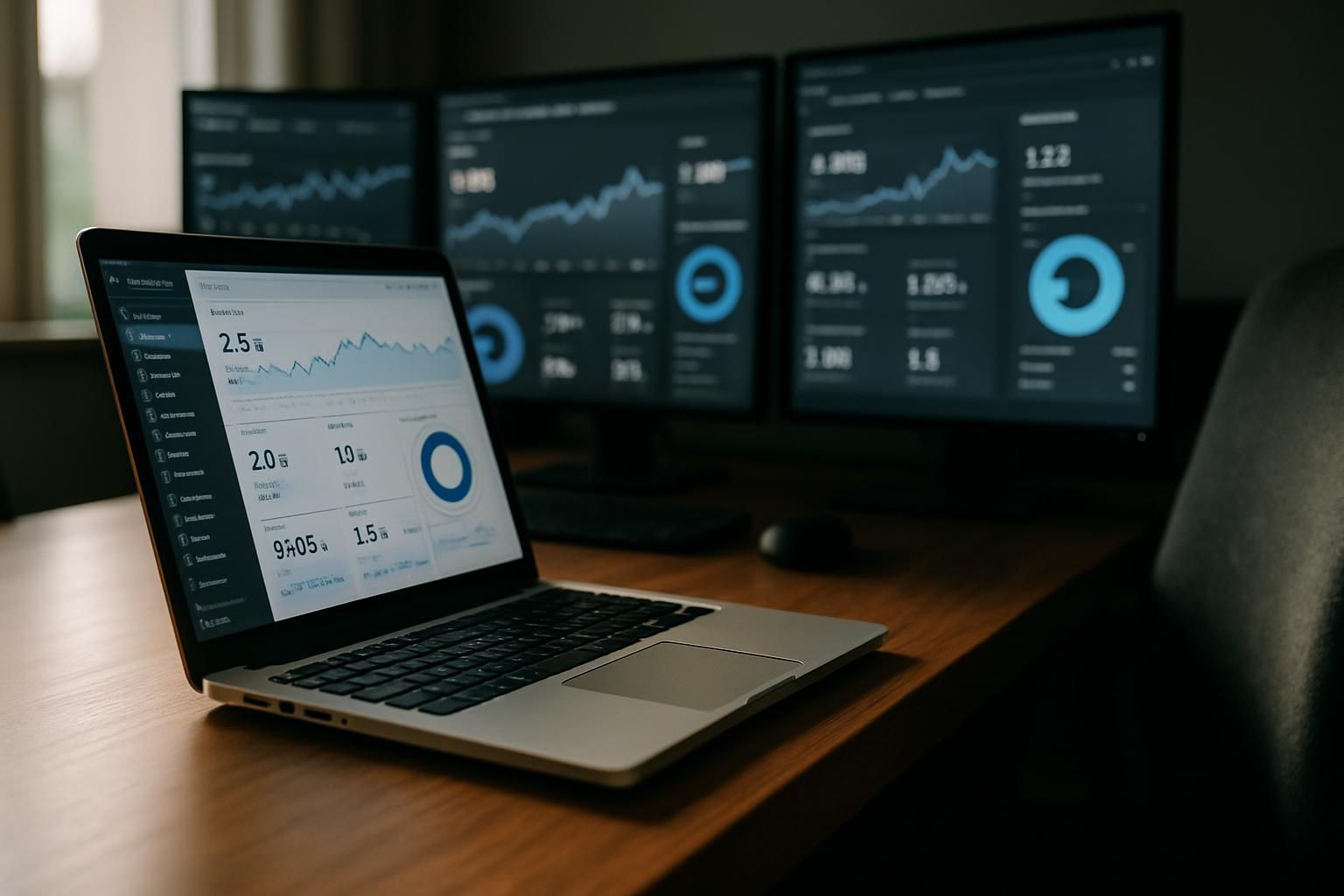 Laptop and three monitors displaying data charts and graphs on a desk.