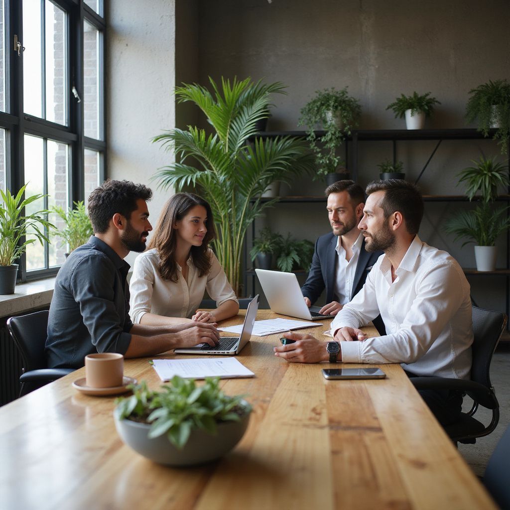 Four people in a meeting around a wooden table, using laptops and discussing.